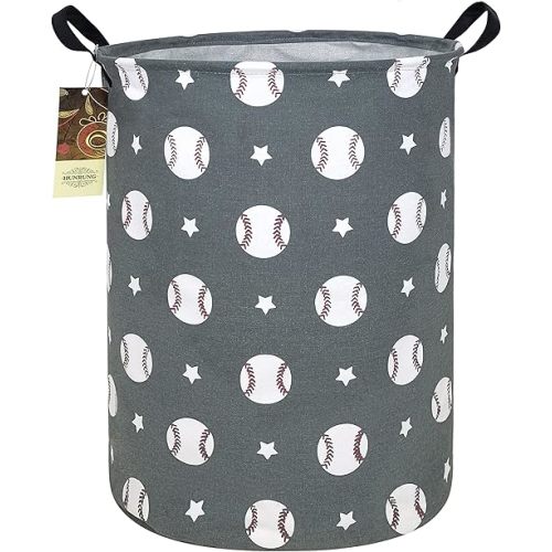 HUNRUNG Collapsible Fabric Storage Basket, Waterproof Laundry Hamper with Handles, Round Storage Bin for Clothes Toys, Foldable Organizer for Bedroom Nursery Bathroom(Round-Grey Baseball)