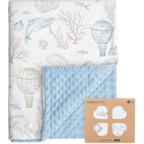 Whale Baby Fleece Blanket Neutral for Boys Girls, Soft Kid Throw Minky Blanket Double Layer with Dotted Backing, 30 x 40 Inch Blue Whale Hot-air Balloon Print