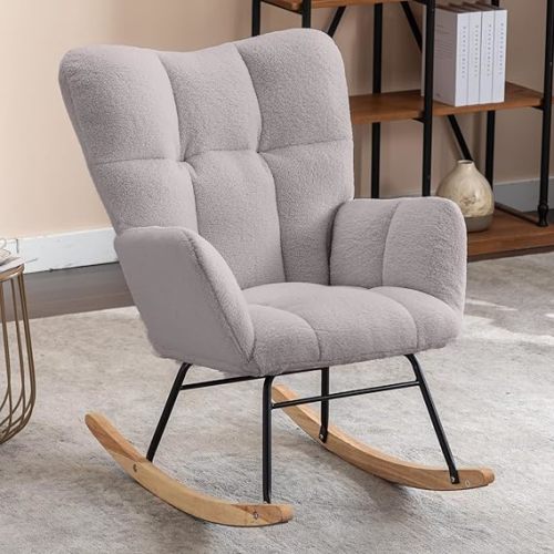 NIOIIKIT Nursery Rocking Chair Teddy Upholstered Glider Rocker Rocking Accent Chair Padded Seat with High Backrest Armchair Comfy Side Chair for Living Room Bedroom Offices (Ivory Teddy)