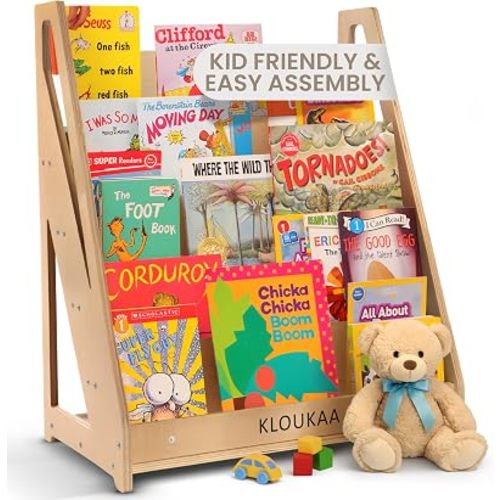 Kids Bookshelf Organizer, Montessori Front-Facing Wooden Bookcase for Toddlers, 5-Tier Children's Book Storage with Deep Shelves — Pink, Blue, Natural Wood (Brown)