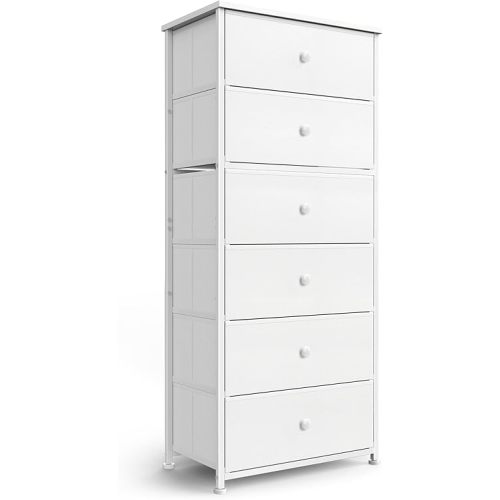 Tall Fabric Dresser for Bedroom, Vertical Storage Organizer Tower with 6 Drawers, Chest of Drawers with Bins, Steel Frame, Wood Top for Bedroom, Closet, Entryway White