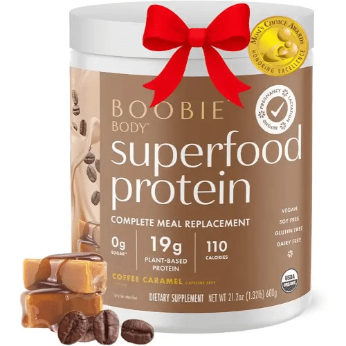 Boobie Body Superfood Protein Pregnancy and Postpartum Meal Replacement Shake, Coffee Caramel Flavor | 19g Protein | Safe for Lactation & Motherhood | Organic, Vegan, Zero Sugar, 1 Tub (20 Servings)