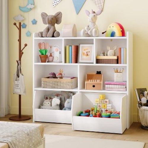 Toy Storage Cabinet, Kids Bookshelf Reading Shelf with Movable Drawers, Playroom Toy Organizer Box for Nursery Kindergarten Kids Bedroom, White