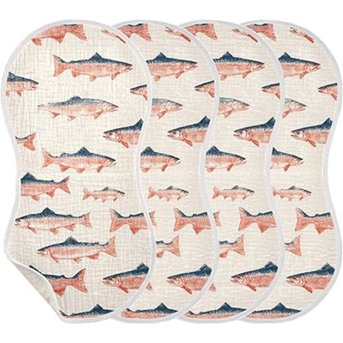 Sea Vintge Salmon Fish Burp Cloths Baby Boys Girls Absorbent Soft Cotton Burping Cloths Rags, 4 Pack