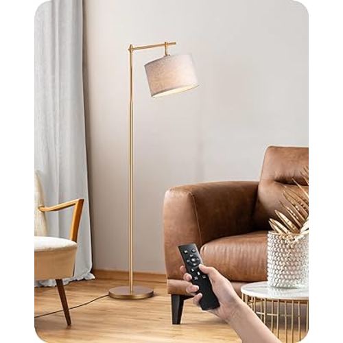 EDISHINE Modern Dimmable Floor Lamp with Remote Control, Gold Arc Standing Lamp with Adjustable Drum Shade, Tall Pole Reading Lamps for Living Room, Office, Nursery, LED Bulb Included