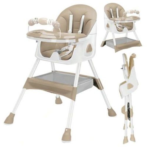 3-in-1 Baby High Chair, Foldable & Portable with Double-Layer Tray, 5-Point Safety and Toy Rack for Babies-Khaki