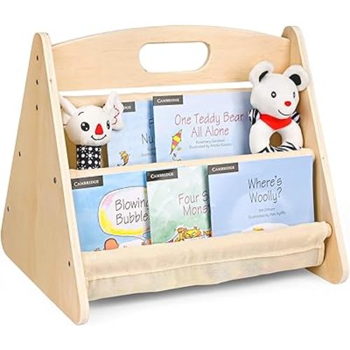 AZSKY Double-Sided Toddler Bookshelf for Kids, Montessori Bookshelf to Display Books, Sling Book Rack Organizer, Playroom Classroom Nursery Book Shelves, Wooden Kid Bookcase for Baby Girl Boy（Beige）
