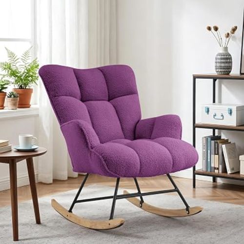 SAETSFEG Rocking Chair Nursery Teddy Upholstered Glider Rocker Rocking Accent Chair Padded Seat with High Backrest Armchair Comfy Side Chair for Living Room Bedroom Office, Grape Purple