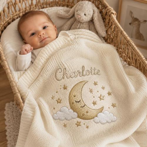 Personalized Moon Stars Knit Blanket, Custom Baby Nursery Keepsake Gift