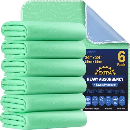 6 Pack 24” x 24” Extra Heavy Absorbency Washable Underpads, Waterproof Nursing Pads Incontinence Bed Pads, Reusable Washable Pee Pads for Dogs, Diaper Changing & Adults, Washable Puppy Pads