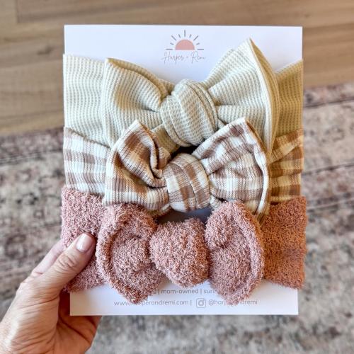 Fall Baby / Newborn Headbands, Oversized Bow or Top Knot Options (Sand Waffle, Taupe Gingham, Dusty Pink Teddy)
