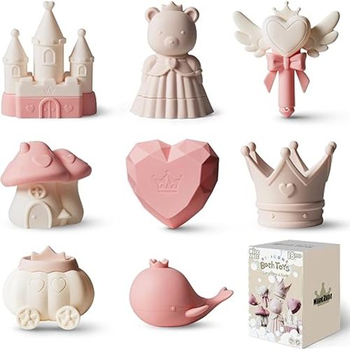 MarcZero Princess Silicone Bath Toys 8Pcs for Toddlers Kids Babies,Bathtub Water Toys,Soft Squeezable Easy-Grip Pool Toys Set (Pink)