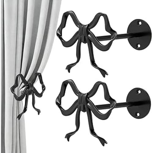 2 Pack Black Bow Curtain Holdbacks, Modern Matte Metal Curtain Holders for Wall,Rotatable Adjustable Angle,Elegant Bow Decor for Living Room Bedroom Home
