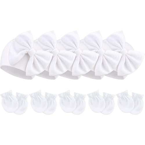 BQUBO Newborn Baby Girls Hats Mittens Set Hospital Hat Beanie Infant Bow Hats Baby Cotton Gloves for 0-6 Months