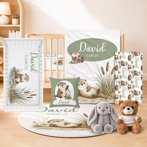Personalized Otter Baby Crib Bedding Set 5 Pcs for Girls Boys Gifts