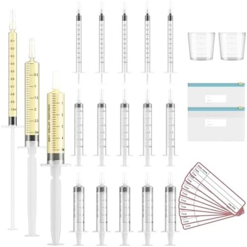 30 Sets 1/3/5ml Colostrum Collector with Caps, Colostrum Collection Kit Includes 30pcs Sterile Syringes, 2 Measuring Cup, 2 Storage Bags, 30 Labels (No Needle Breast Milk Syringe )