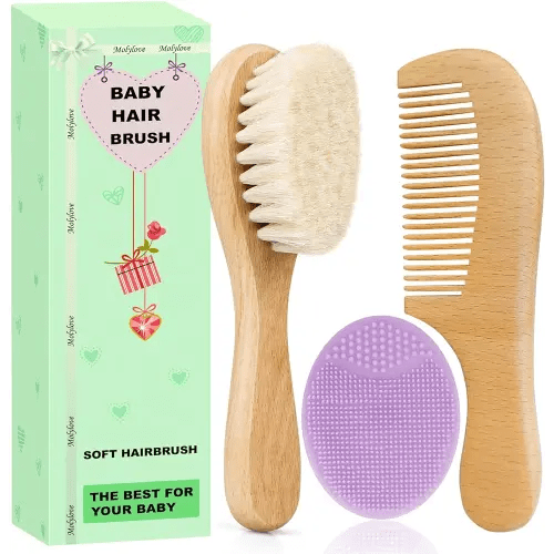 Baby Hair Brush and Comb Set for Newborns & Toddlers | Wooden Baby Brush Set with Soft Goat Bristles l Wood Comb l Purple Cradle Cap Brush| Ideal for Cradle Cap (3 Piece)