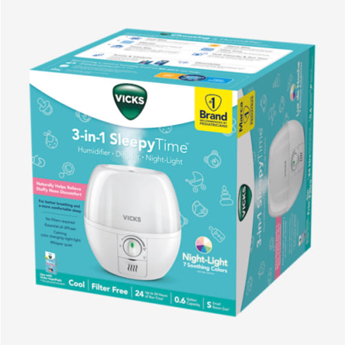 Vicks 3-in-1 SleepyTime Humidifier, No. 1 Brand Recommended by Pediatricians*. Cool Mist Humidifier with Night-Light, and Essential Oil Diffuser for Baby and Kids rooms. Visible Cool Mist, White.