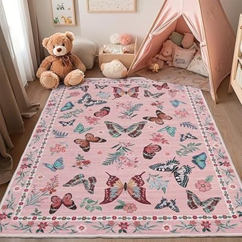 Nursery Rug for Girl 5x7 Pink Butterfly Floral Rug for Girls Bedroom Machine Washable Non-Slip Low Pile Stain Resistant Carpet for Nursery Dining Room Kids Playroom Office Pink