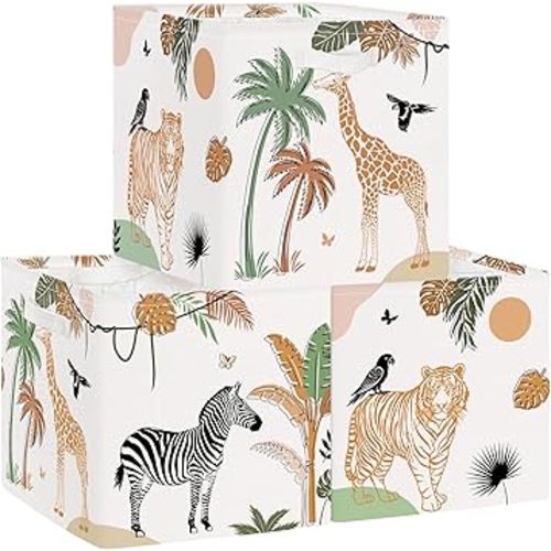 Clastyle Jungle Animals Kid Storage Cube Organizer Set Tropical Leaves Palms Giraffe Closet Clothes Cube Storage Bin Nursery Toddler Toy Box Chest Girl Boy Book Shelf Basket,Tiger,11.8x11.8x11.8 in