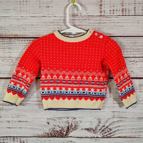 Vintage Baby Sweater / Knit Red White / 1960s 60s 1970s 70s / Pullover / 12M 12 Months