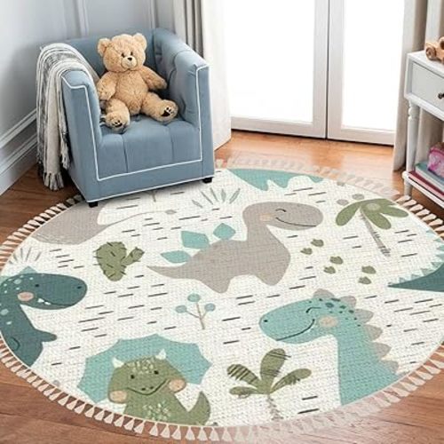Round Rugs Dinosaur Baby boy Childish Sweet Dino with Palm & Cactus Boho Area Rug Linen & Cotton Carpet Meditation Rug Washable Hallway Runner Mat Accent Rug for Bedroom Bathroom 3ft, Multicolor