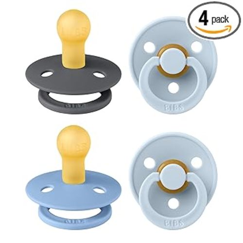BIBS Pacifiers - Color 4 Pack | Round Nipple Baby Pacifier | BPA Free Natural Rubber Latex Soother | Made in Europe | Size 0-6 Months | Blue Colors