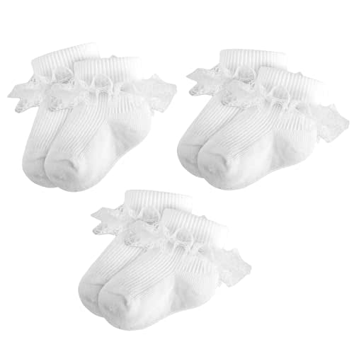 Baby Girl Ruffle Socks Eyelet Double Lace Turn Cuff Ankle Frilly Dress Socks for Newborn/Infant/Toddler/Little Kids