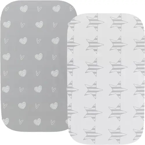 Waterproof Bassinet Sheets, No Need for Bassinet Mattress Pad Cover, 2 Pack Stretch Jersey Knit Super Soft fit for Cradle Oval Rectangle Hourglass Mattress Grey Love & Stars