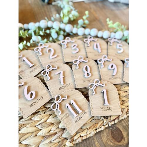 Monthly Milestone Cards for Baby Photos | Baby Girl Bow Monthly Milestones | 3D Wood Engraved Monthly Milestone Markers