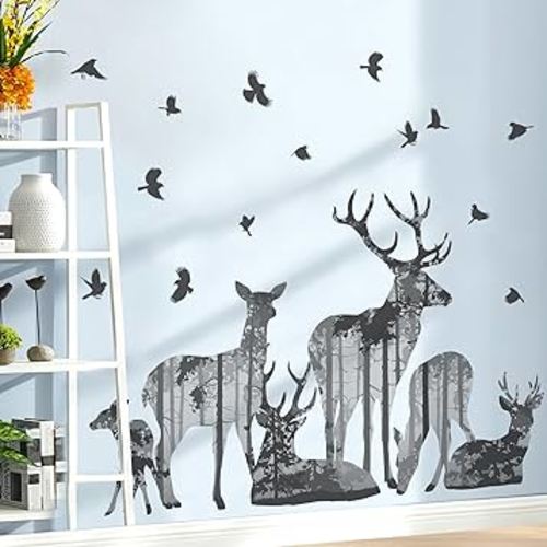 2 Sheets Forests Silhouette Animals Wall Decals Removable Wild Elk Tree Wall Decals Peel and Stick Vinyl Birds Wall Art Decor for Children Nursery Bedroom Living Room Wall Corner Decor