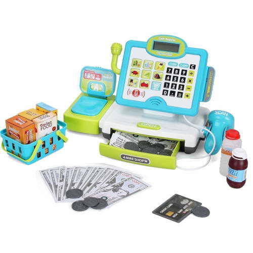 INTMEDIC Pretend Play Preschool Learning Toy Cash Register for Kids 3-8 Years Old with with Sound, Microphone, Scanner, Pretend Credit Card, Play Money for Boys & Girls,45 Pieces