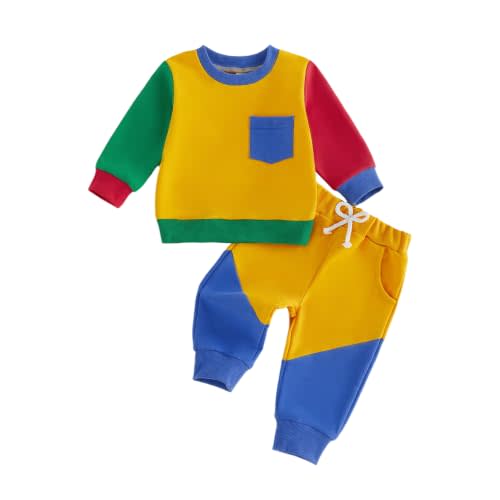 Toddler Clothes 2-Piece Set Sweatshirts Jogger Pants Baby Boys Girls Outfit | Color Blocking Pullovers, Fall Winter Outfit, Pockets, Elastic Waist, Long Sleeve, Crew Neck, Unisex