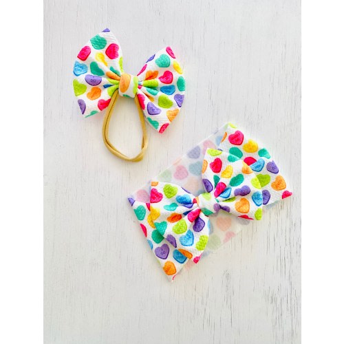 White Valentine’s Candy Heart Bow: Nylon headband, Head wrap, Piggies or Clip Bow