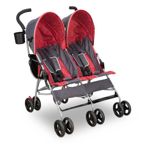 Delta Children LX Double Stroller, Adjustable Recline, Red and Gray