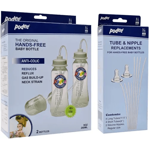 Hands-Free Baby Bottle - Anti-Colic Nursing System 9 oz Baby Bottle Fast Flow Nipple/Teat 3m+ with Tube Straw Feeding System for Toddler 1 Year+ (2 Pack - Classic) + Tube and Nipple Replacement Kit