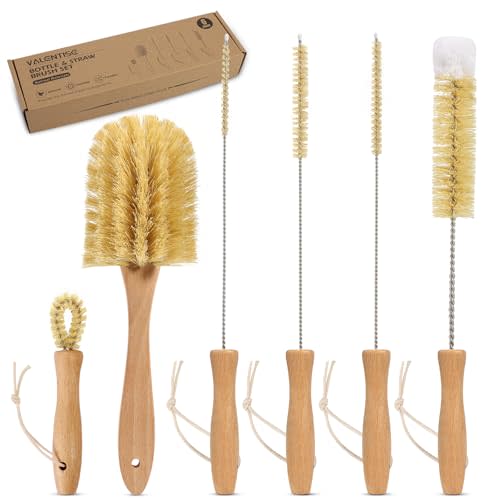 Bottle Brush Set - 6 Pack Sisal Bristle Natural Bottle Brush, All in One Bottle and Straw Brush Cleaning Set for Water Bottles, Glasses, Cups and Lid
