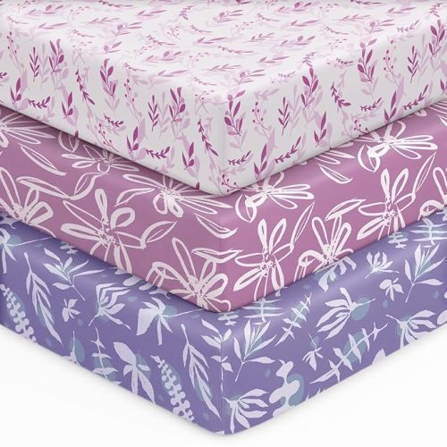 Baby Crib Sheets for Boys Girls, 28x52x8in Fitted Crib Sheet Neutral 3 Pack for Standard Crib and Toddler Mattress, Breathable Soft Microfiber Baby Sheet Purple Leaf