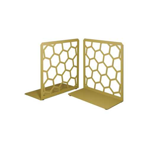 Gold Metal Bookends for Books: Honeycomb Geometric Design, Modern Desk Shelf Accessory