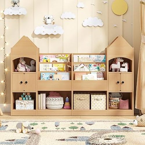 Vabches Castle Shape Children's Bookshelf, Kids Bookcase Display Case Kids Toy Storage Organizer Multifunctional Storage Cabinet Bookshelf Suitable for Playroom, Children's Room, Living Room, Oak