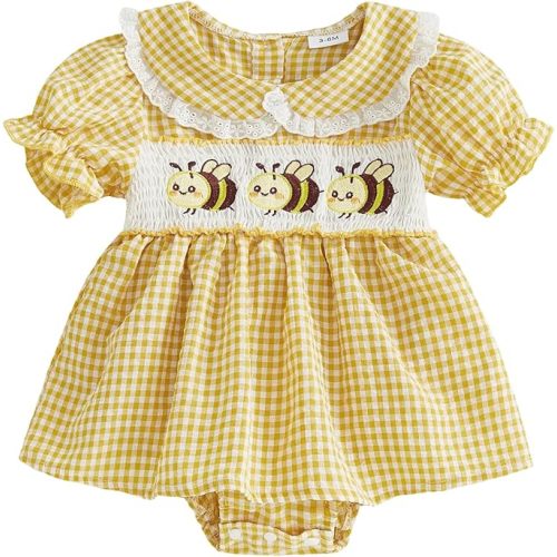 Sasaerucure Summer Baby Girl Clothes Plaid Peter Pan Collared Short Sleeve Romper Dress Bow Embroidery Bodysuit Tops