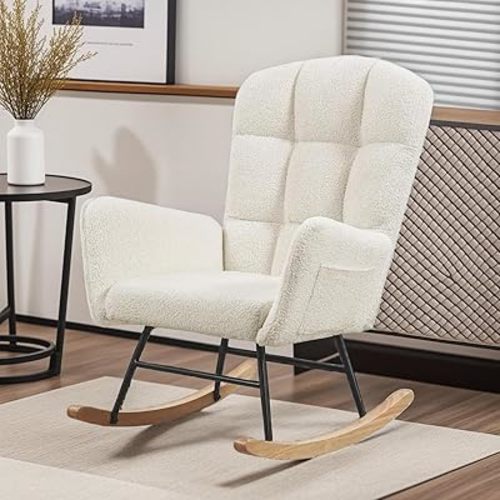 Rocking Chair for Nursery, Upholstered Glider with High Backrest, Nursery Rocker Comfortable Stylish Accent Armchair for Living Rooms Bedrooms Offices (Beige Teddy)