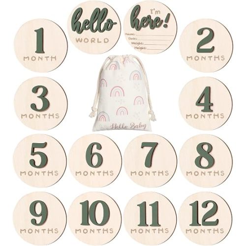 Burbell Baby Monthly Milestone Announcement Signs Wood,Green,Number