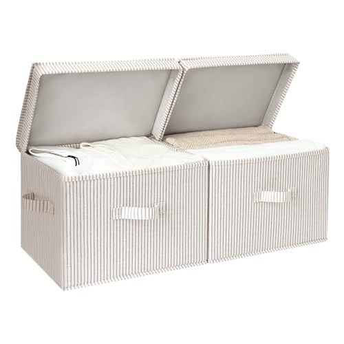 StorageWorks Fabric Storage Bins with Lid, Decorative Storage Boxes for Shelves, Stackable Closet Organizer Basket with Handles, Large, Khaki and Beige Stripes, 2-Pack