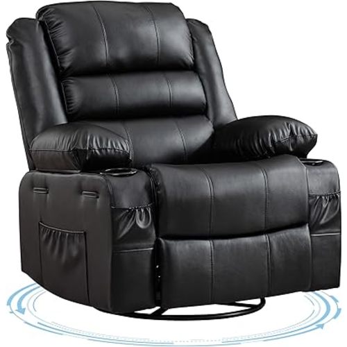 Rocking Recliner Chair for Adults Wide 360° Swivel Rocker Recliner with Cup Holder Nursery Glider with Upholstered Deep Seat PU Leather Comfy Single Sofa for Living Room Black