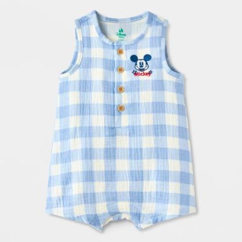 Baby Boys' Disney Mickey Mouse Americana Gingham Romper - Light Blue 3-6M