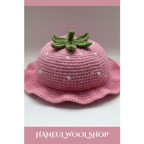 Pink Strawberry Crochet Baby Hat with Wavy Brim, Pastel Fruit Summer Bonnet for Newborn and Infant Girls, Handmade Cute Photo Prop Gift