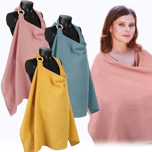 Treela 3 Pcs Muslin Cotton Breathable Nursing Cover Multi Use Car Seat Stroller Breastfeeding Cover for Breastfeeding Baby Shower Gifts Essentials(Rustic Color)