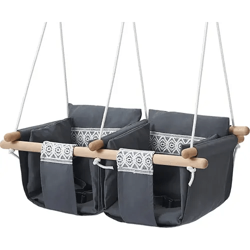 Secure Twin's Baby Swing Seat with Safety Belt, Wooden Hanging Swing Seat Chair - Indoor Outdoor, Double Baby Hammock Swing for Twin Babies, Infant and Toddler, Gray Lace