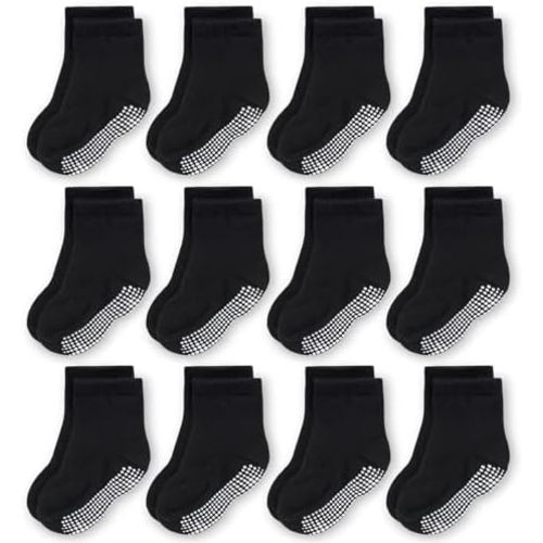 CozyWay Baby & Toddler Socks With Grippers Non Slip Crew Grip Socks for Girls and Boys Soft Comfy Cotton - 12 Pack